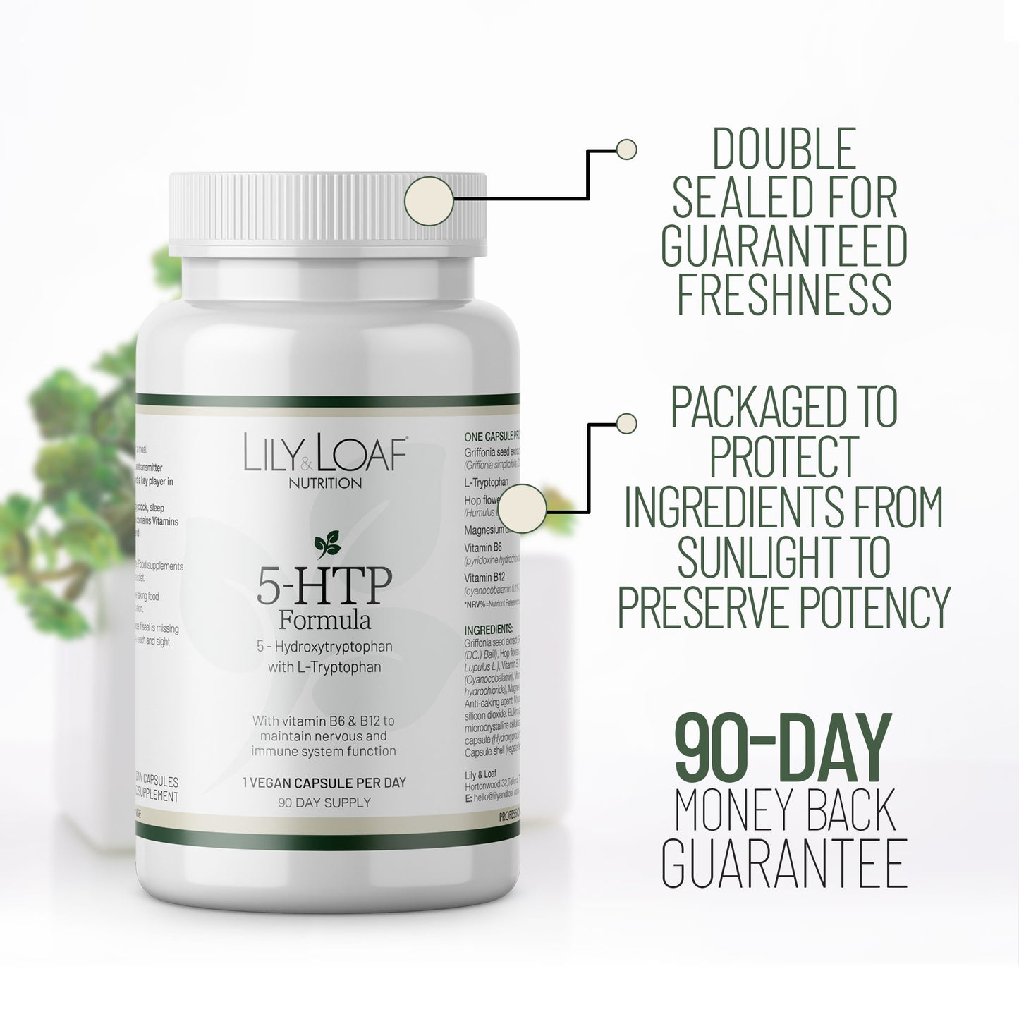 5 HTP with L-Tryptophan packaging facts and 90-day guarantee
