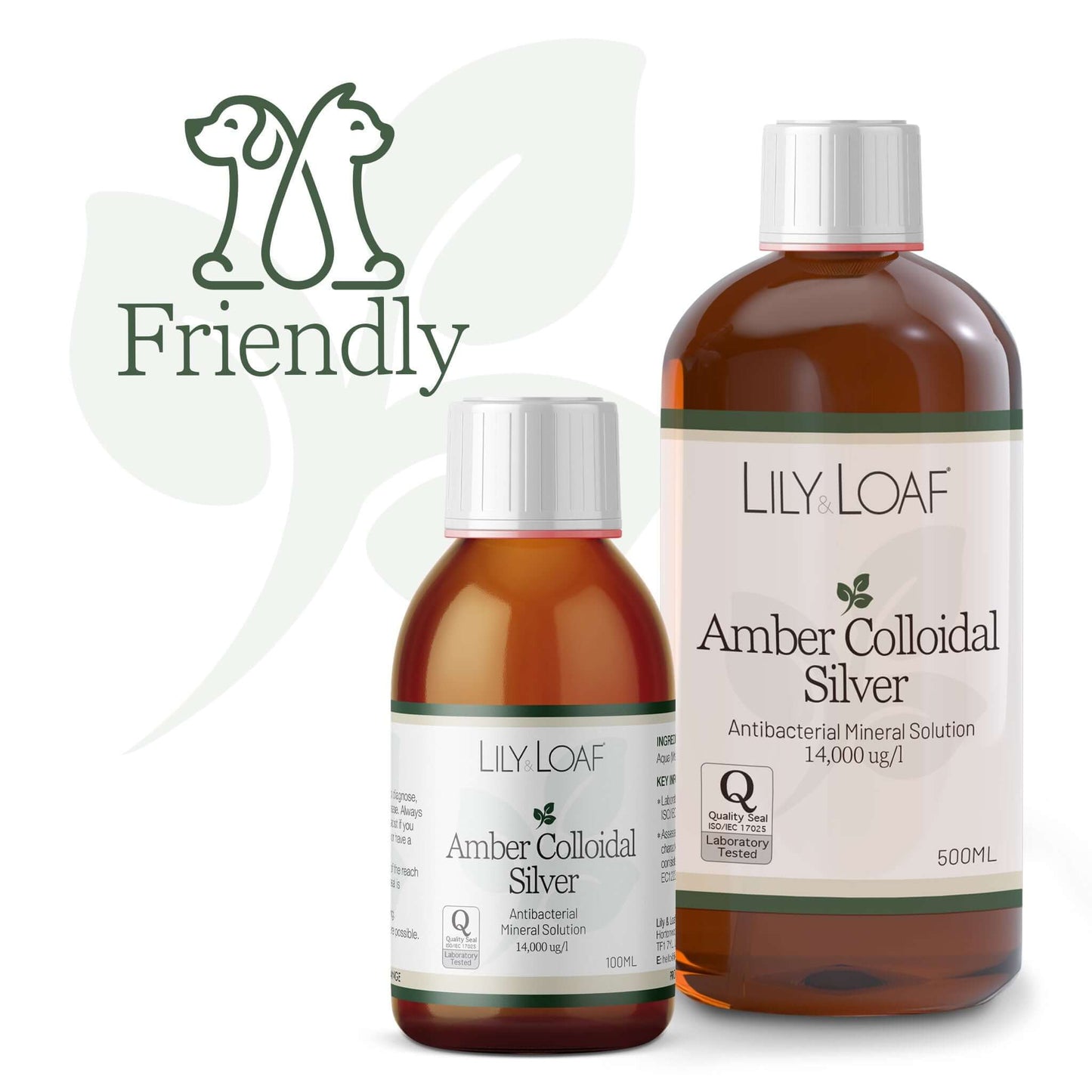 Amber Colloidal Silver 100ml and 500ml sizes next to a Pet Friendly symbol