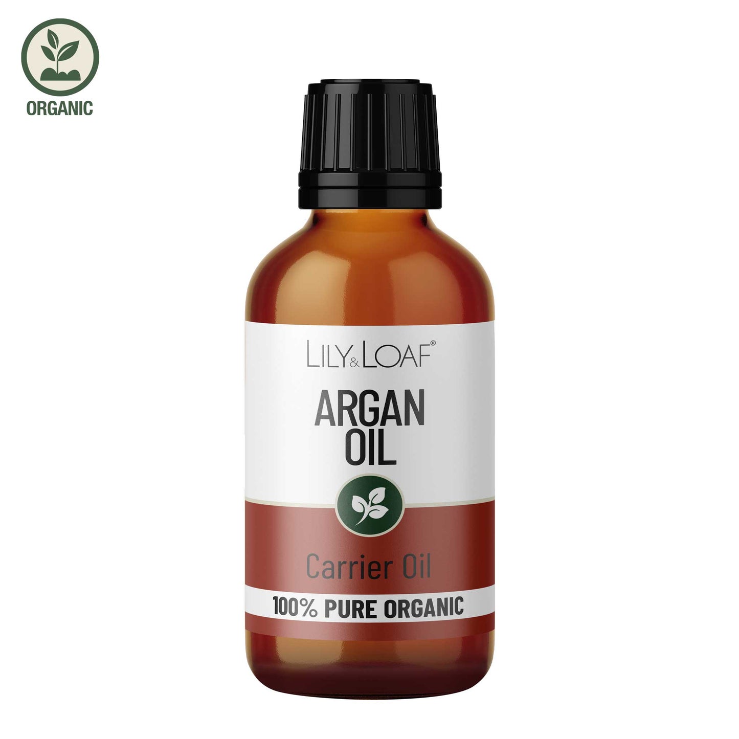 Glass Amber Bottle of Lily and Loaf Argan Organic Carrier Oil front