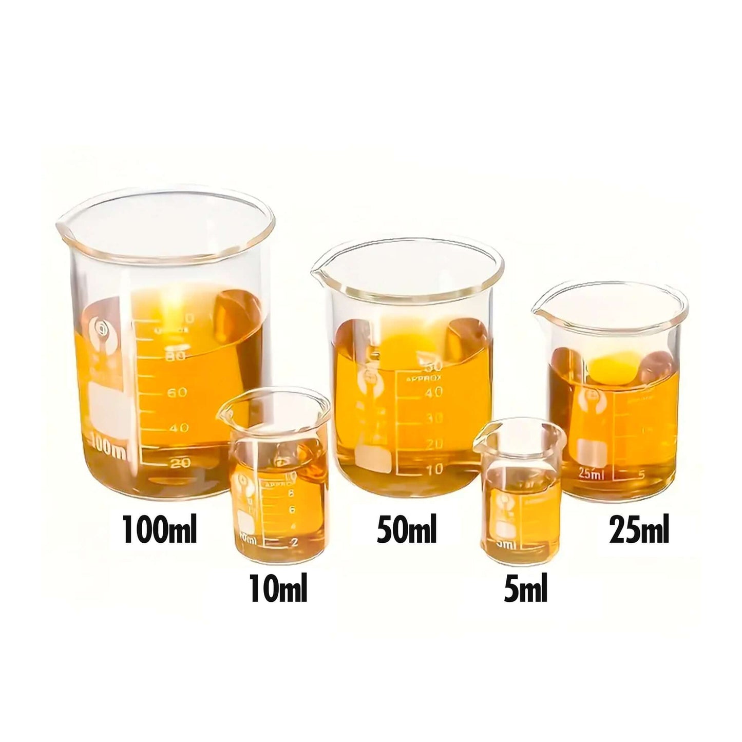 Set of glass beakers with different capacities filled with a yellow liquid on a white background.