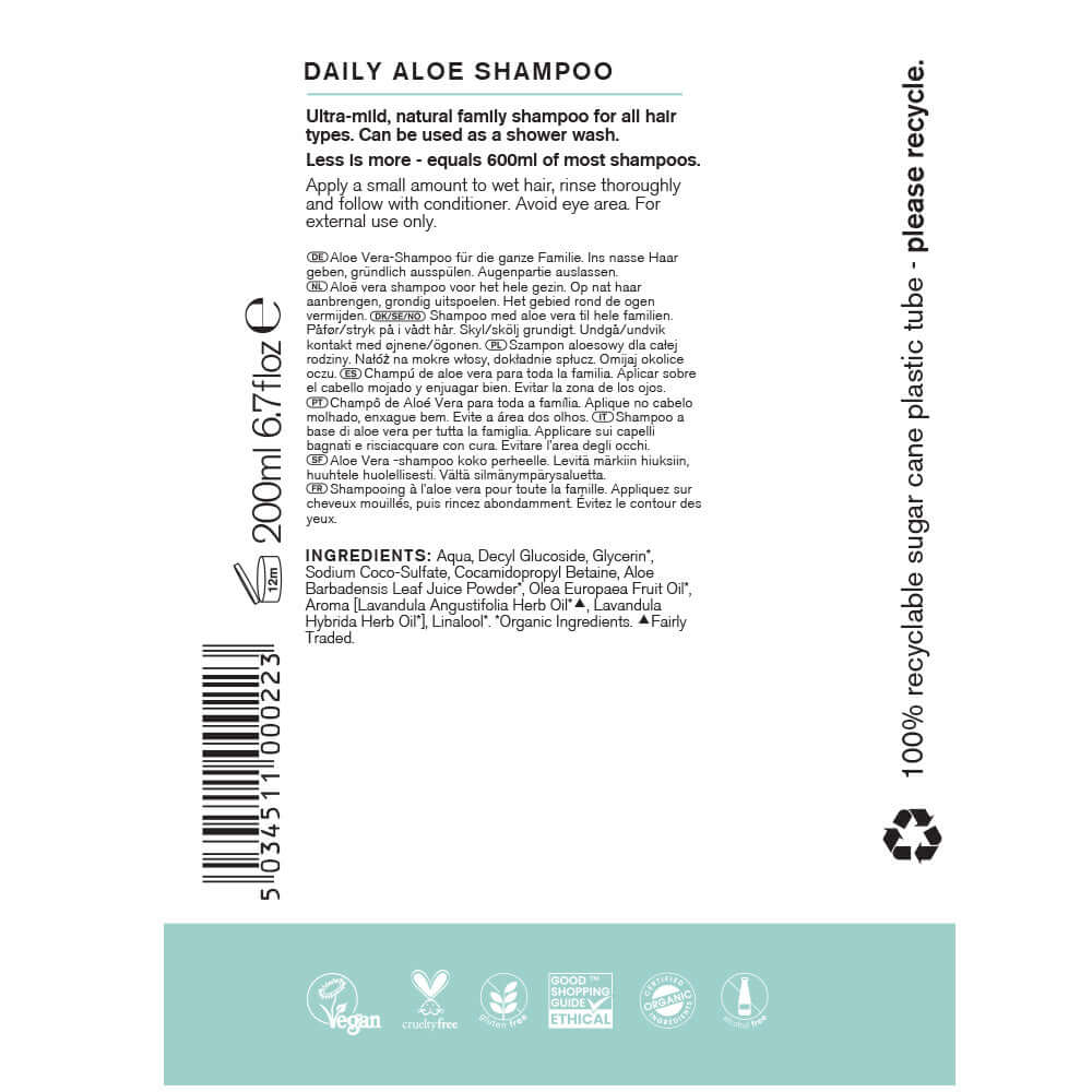 Back label of a Daily Aloe Shampoo bottle with text, barcode, and recycling information.