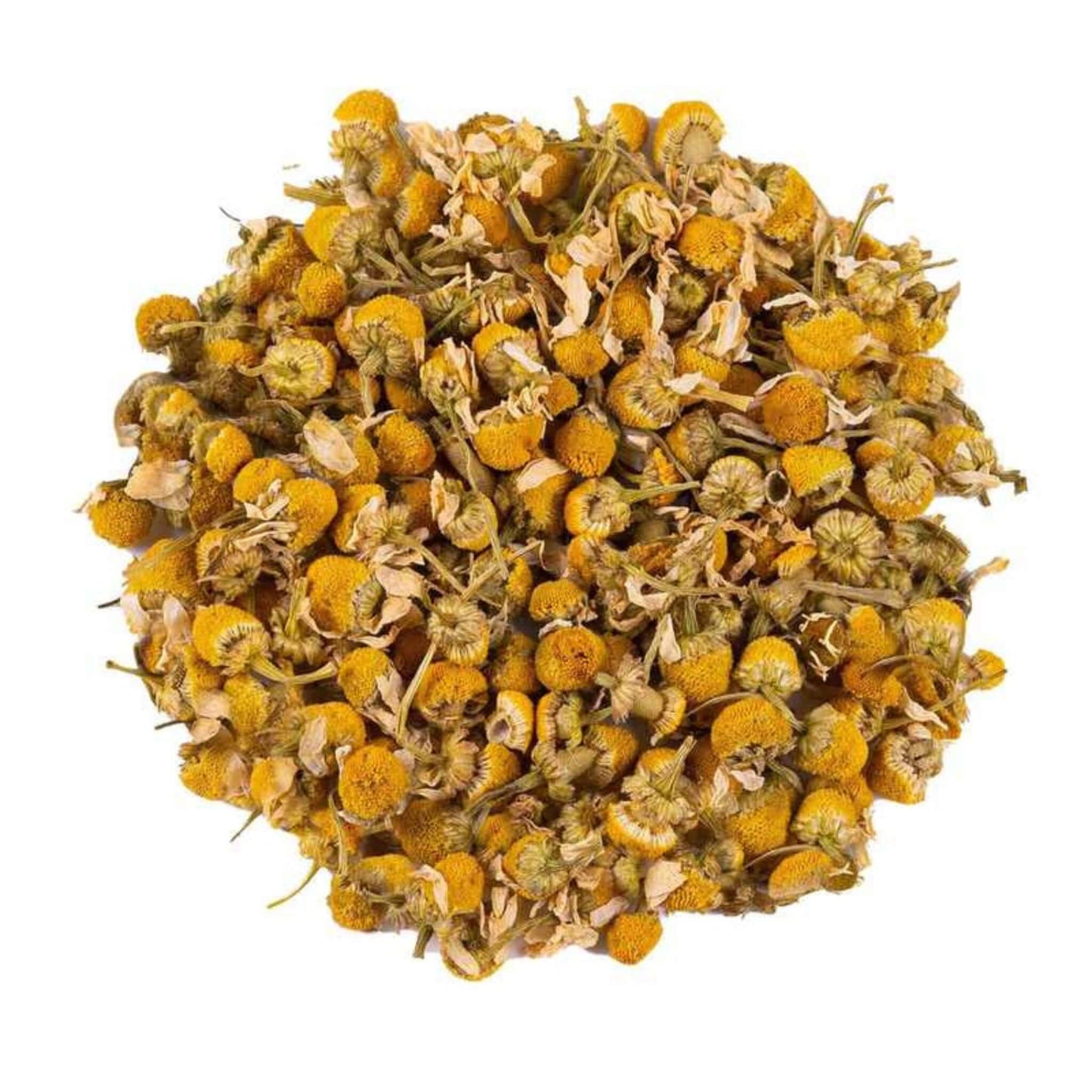 Close-up of loose-leaf Chamomile Blossoms Herbal Tea, displaying the dried ingredients and natural texture of the blend.