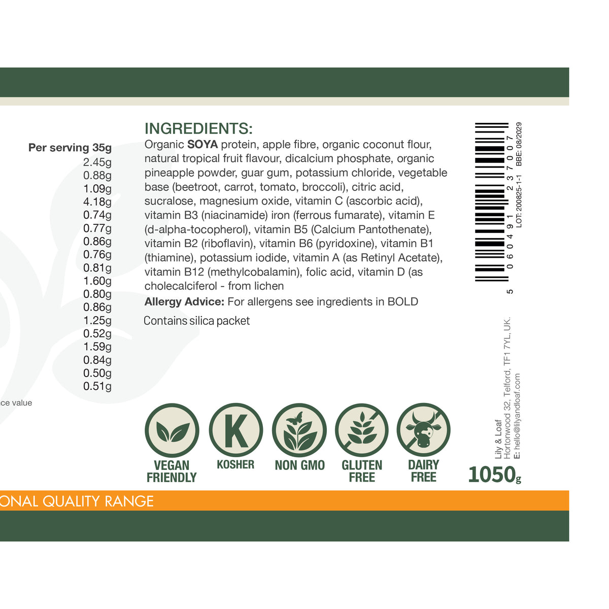 Daily Fuel Tropical Flavour product label with ingredients list, allergen advice, and certification icons on a white background.