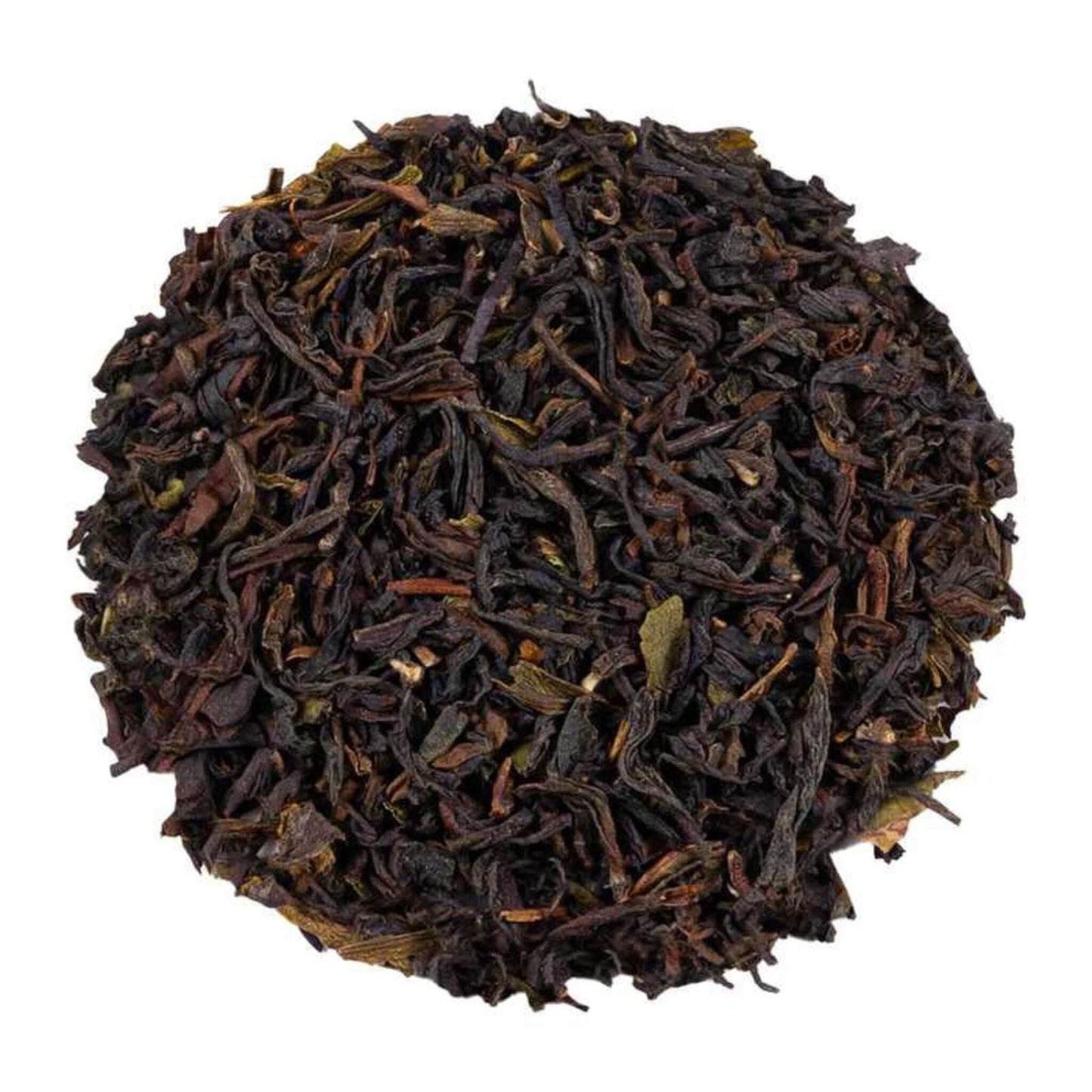 Close-up of loose-leaf Darjeeling Earl Grey Flavoured Tea, displaying the dried ingredients and natural texture of the blend.