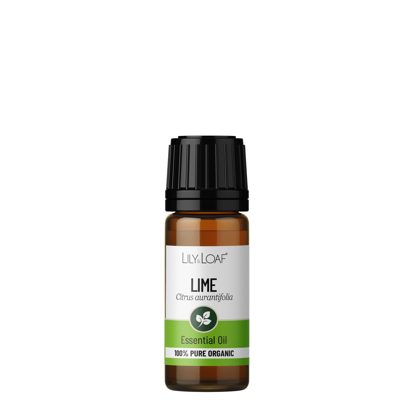 Lily & Loaf Organic lime essential oil bottle with black cap and green label, standing upright on a white background.