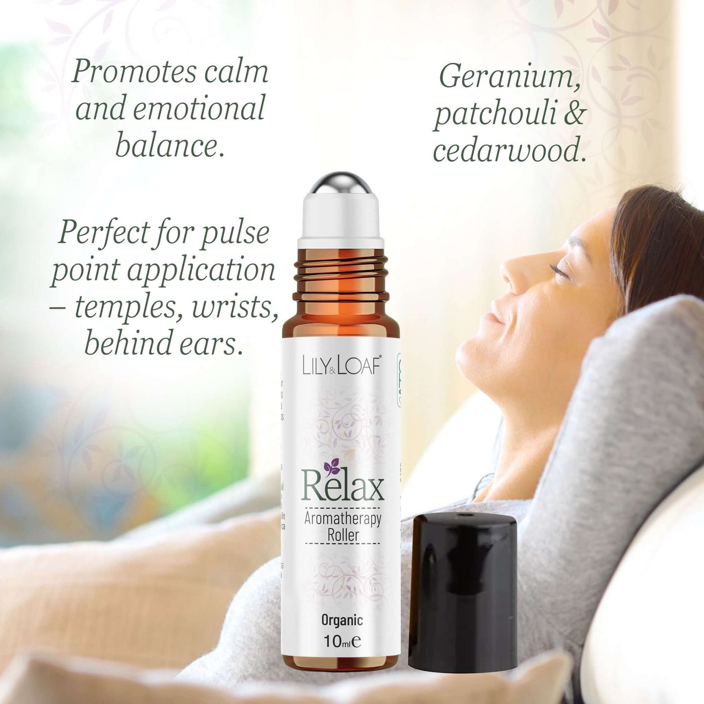 Lily & Loaf Relax Aromatherapy roller bottle with a woman relaxing in the background