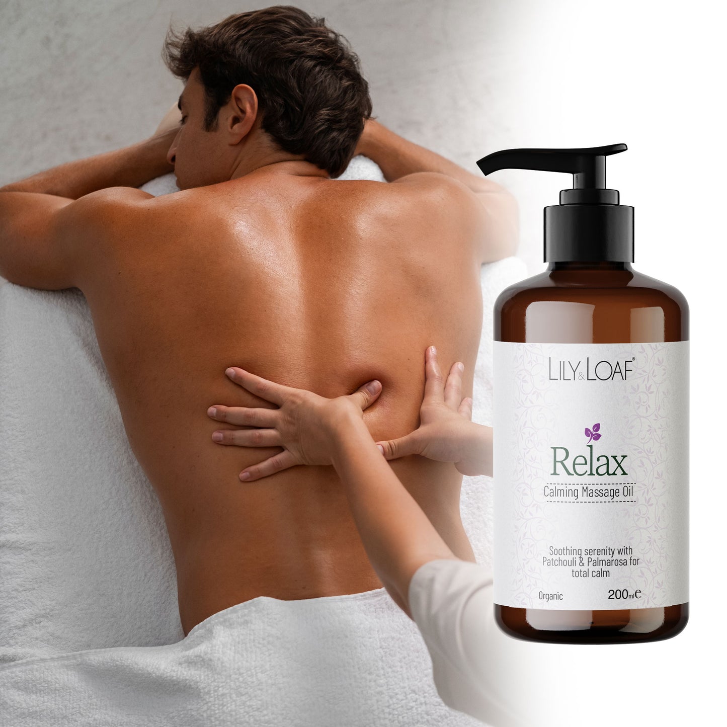Person receiving a massage on their back with a bottle of Lily & Loaf Relax Calming Massage Oil.