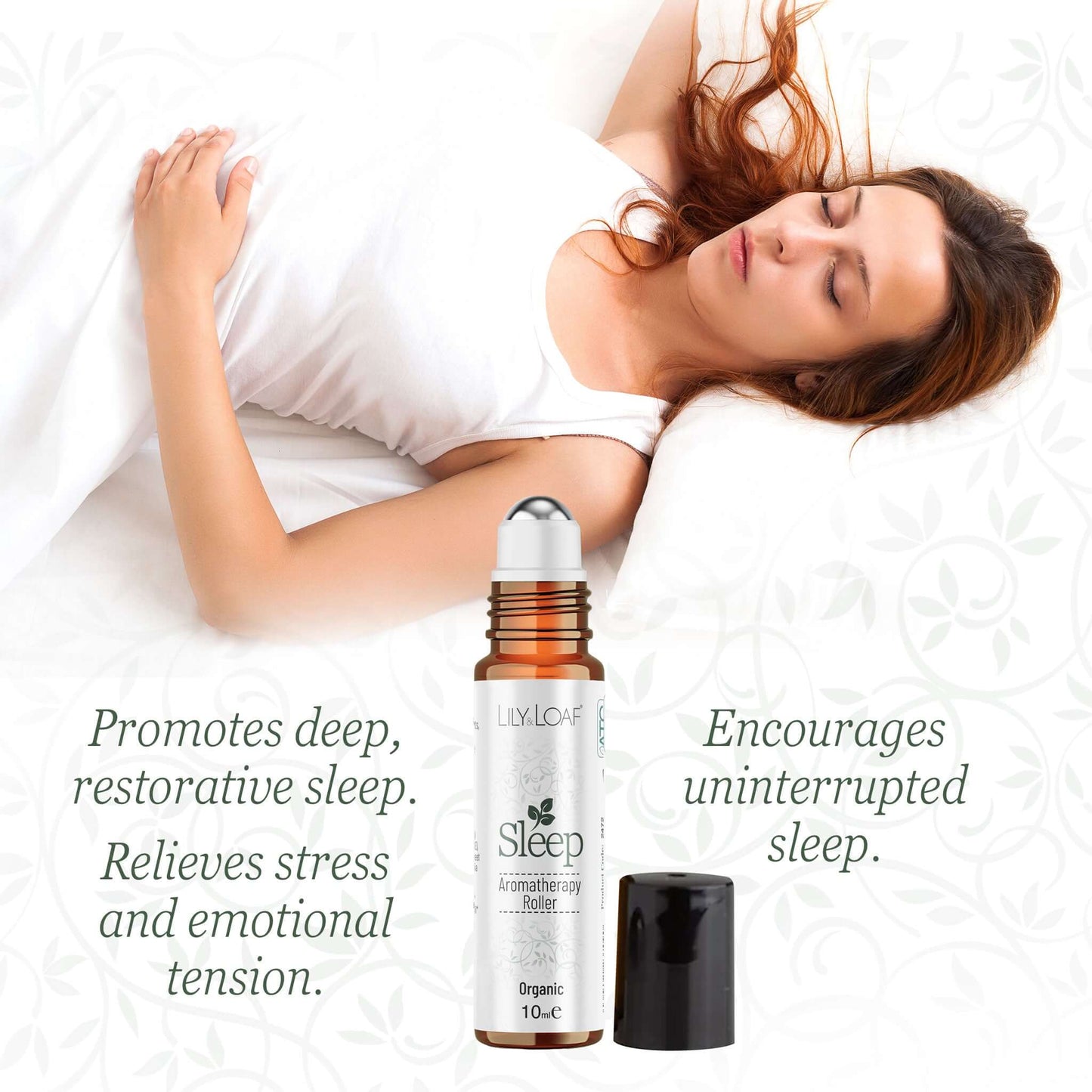 Woman lying in bed with a bottle of Lily & Loaf Sleep Aromatherapy Roller.