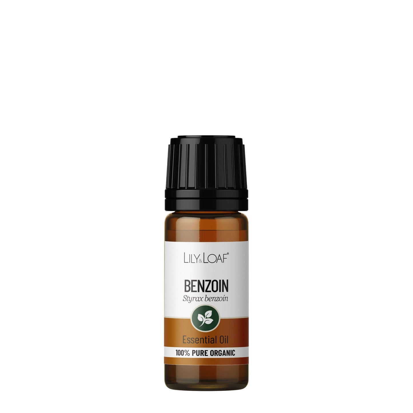 Bottle of Lily & Loaf Benzoin essential oil on a white background