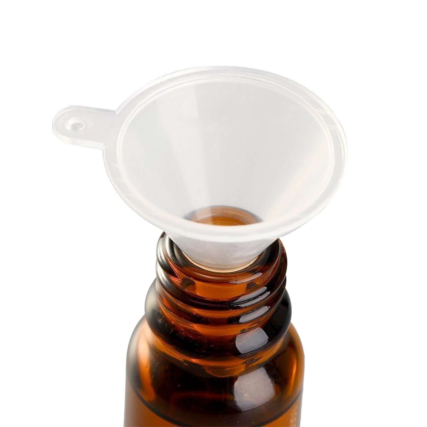 Brown glass bottle with a white funnel on a white background
