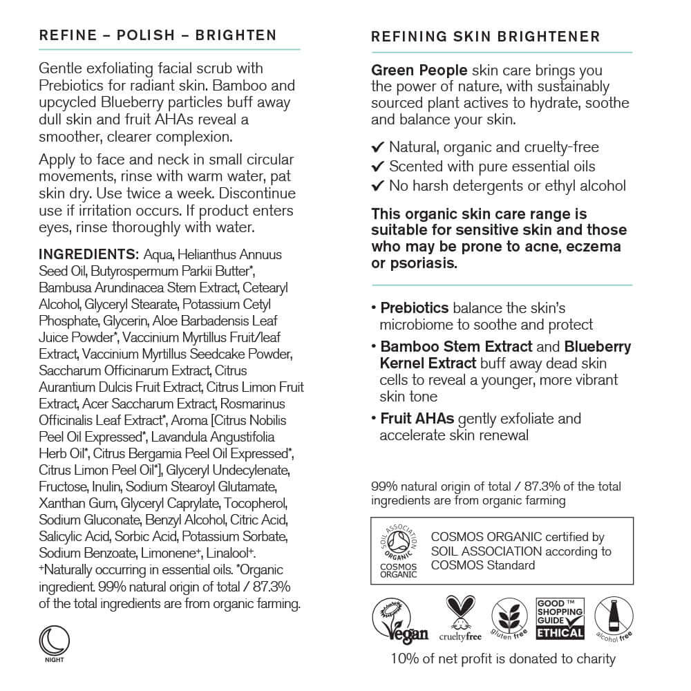 Product label for a skin brightener with ingredients and certification details.