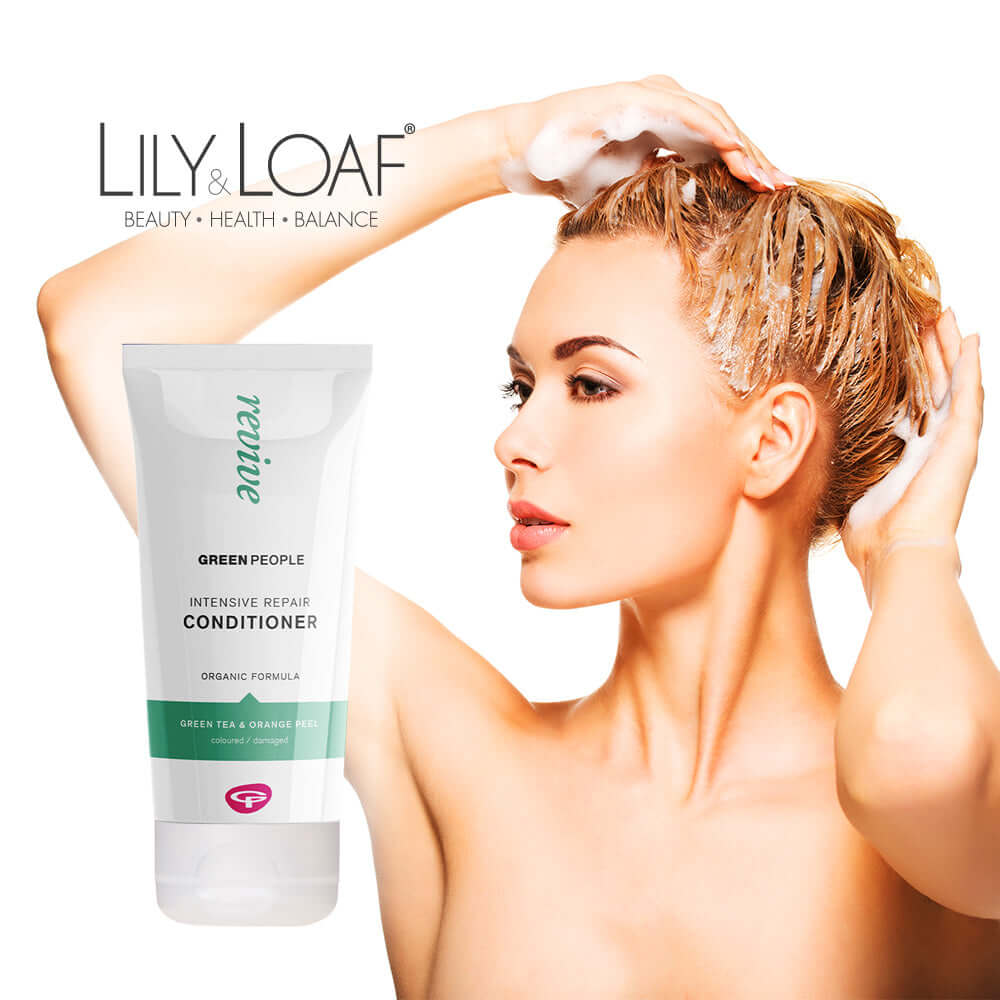 A blonde woman washing her hair with conditioner beside a Green People Intensive Repair Conditioner product image.