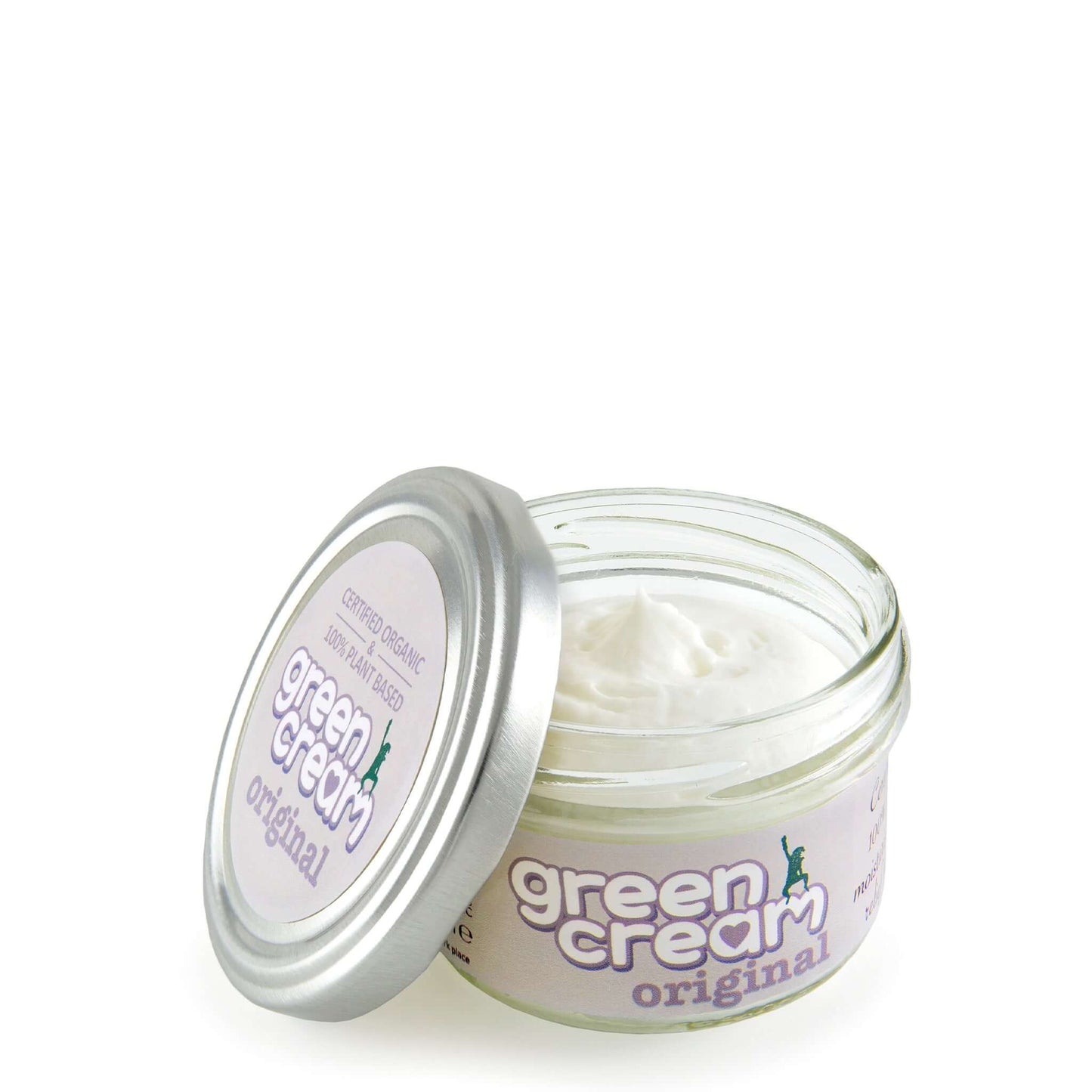 Open jar of Green Cream Original with silver lid and light pink label, showing smooth white cream inside.