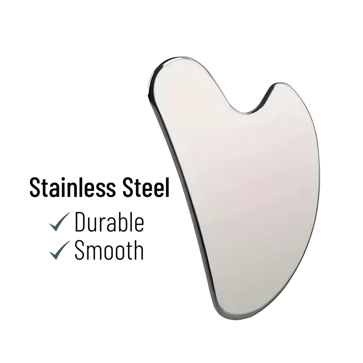 Stainless steel Gua Sha tool with 'Stainless Steel', 'Durable', and 'Smooth' text on a white background
