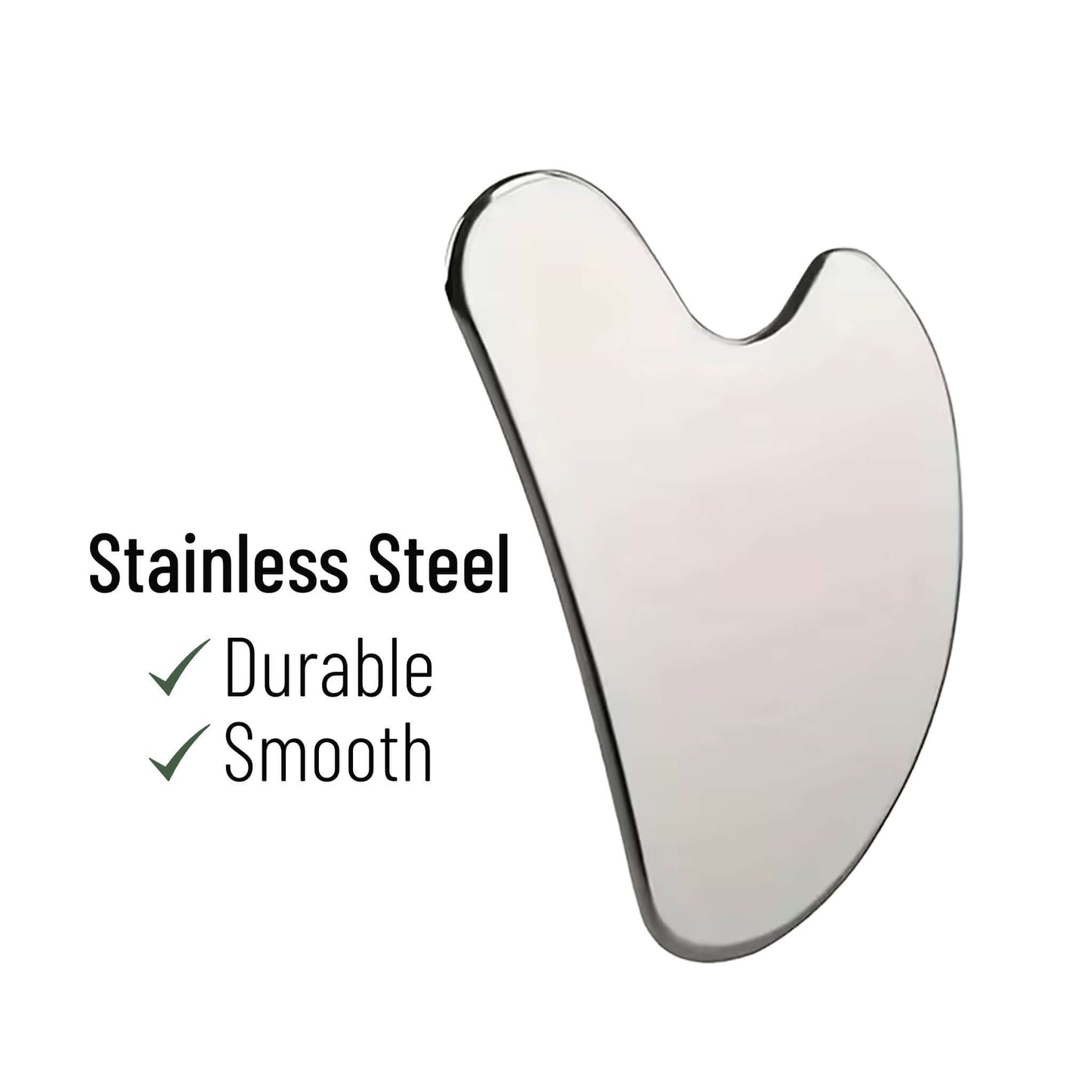 Stainless steel Gua Sha tool with 'Stainless Steel', 'Durable', and 'Smooth' text on a white background