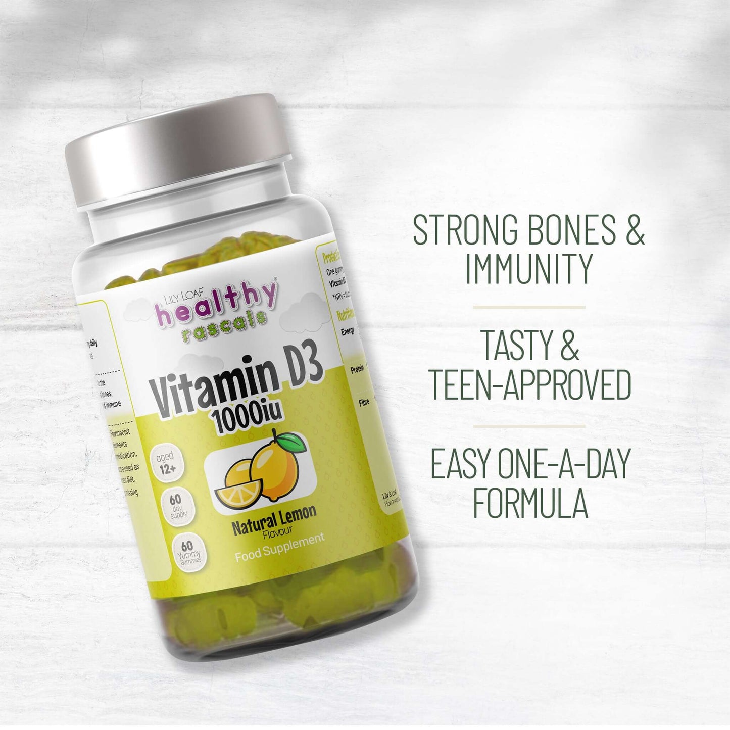 Healthy Rascals Vitamin D3 1000iu lemon flavour gummies bottle, designed for teens, supports strong bones, immunity and easy daily use.