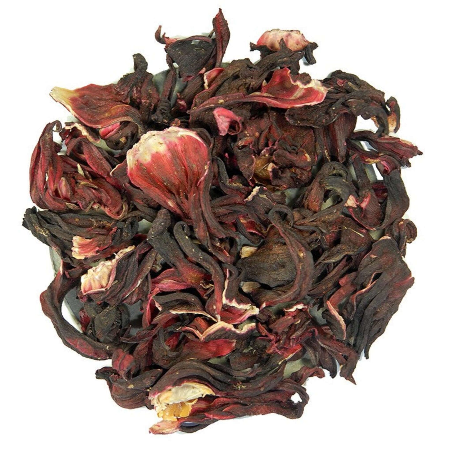Close-up of loose-leaf Hibiscus Blossom Herbal Tea, displaying the dried ingredients and natural texture of the blend.