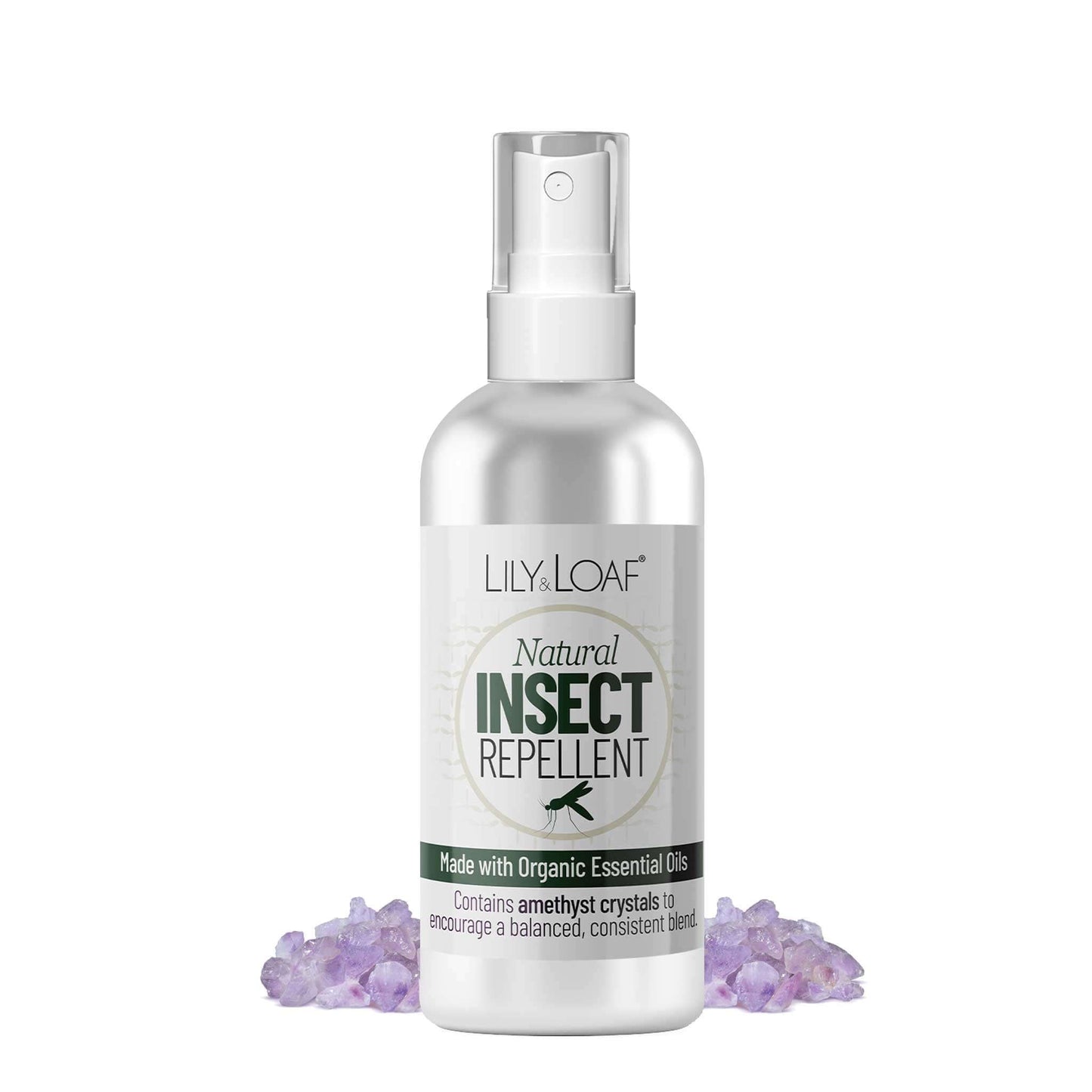 Natural Insect Repellent made with organic essential oils and contains amethyst crystals