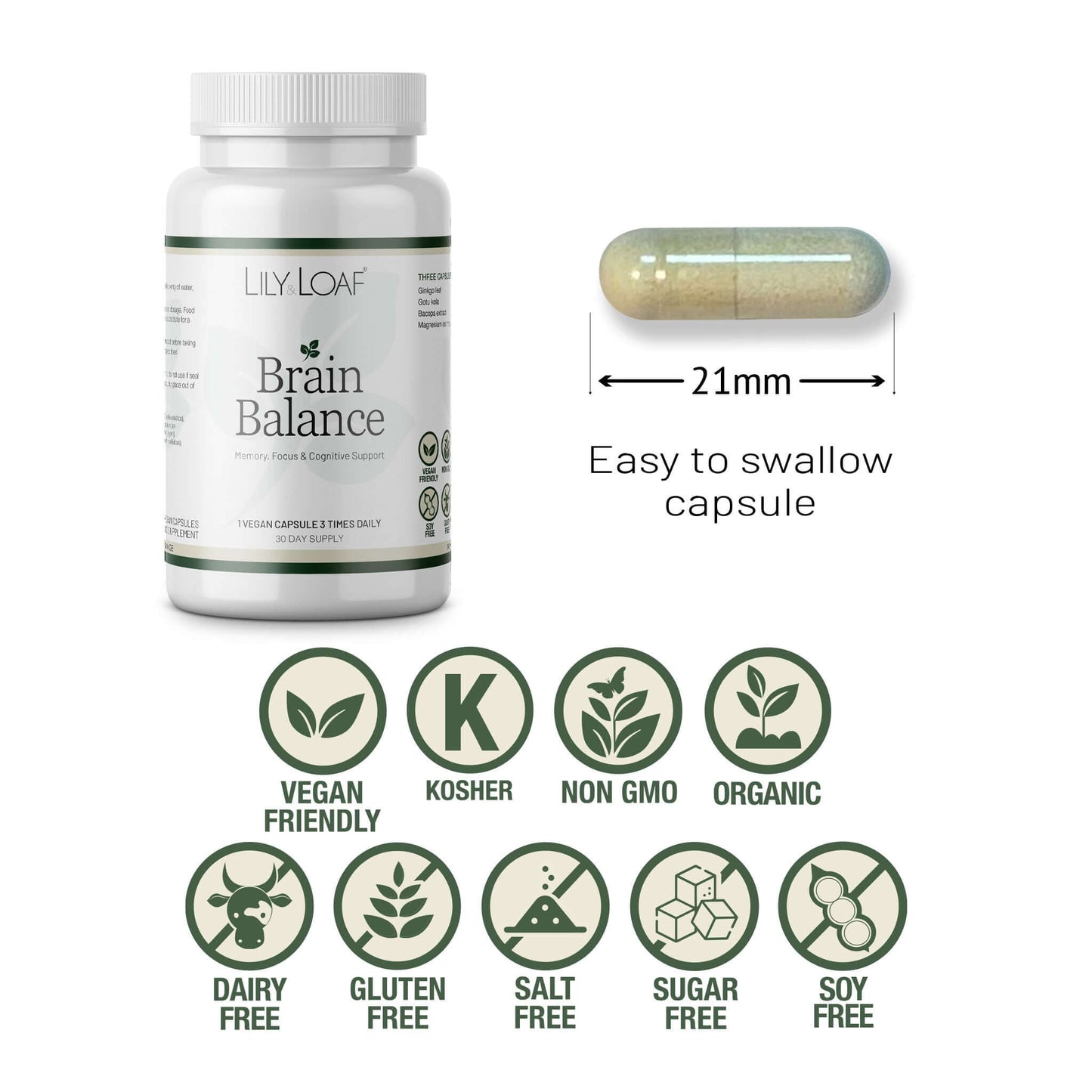 Lily & Loaf Brain Balance bottle with capsule size and icons showing vegan, non-GMO, organic and allergen-free benefits