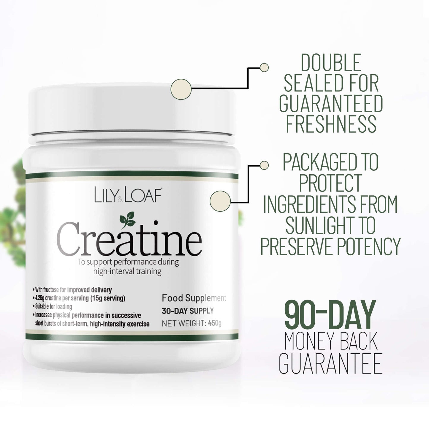 Lily & Loaf Creatine supplement container with product details on a white background