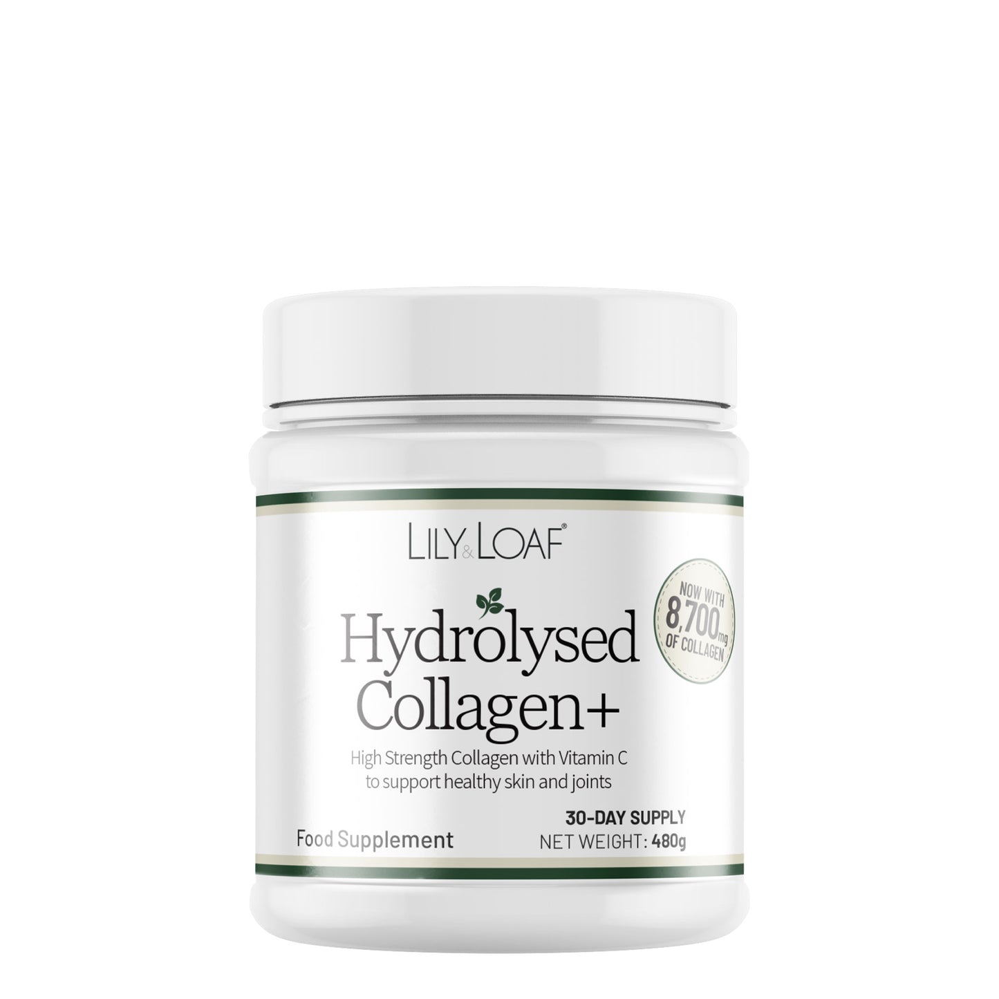 Lily & Loaf Hydrolysed Collagen+ supplement container on a white background