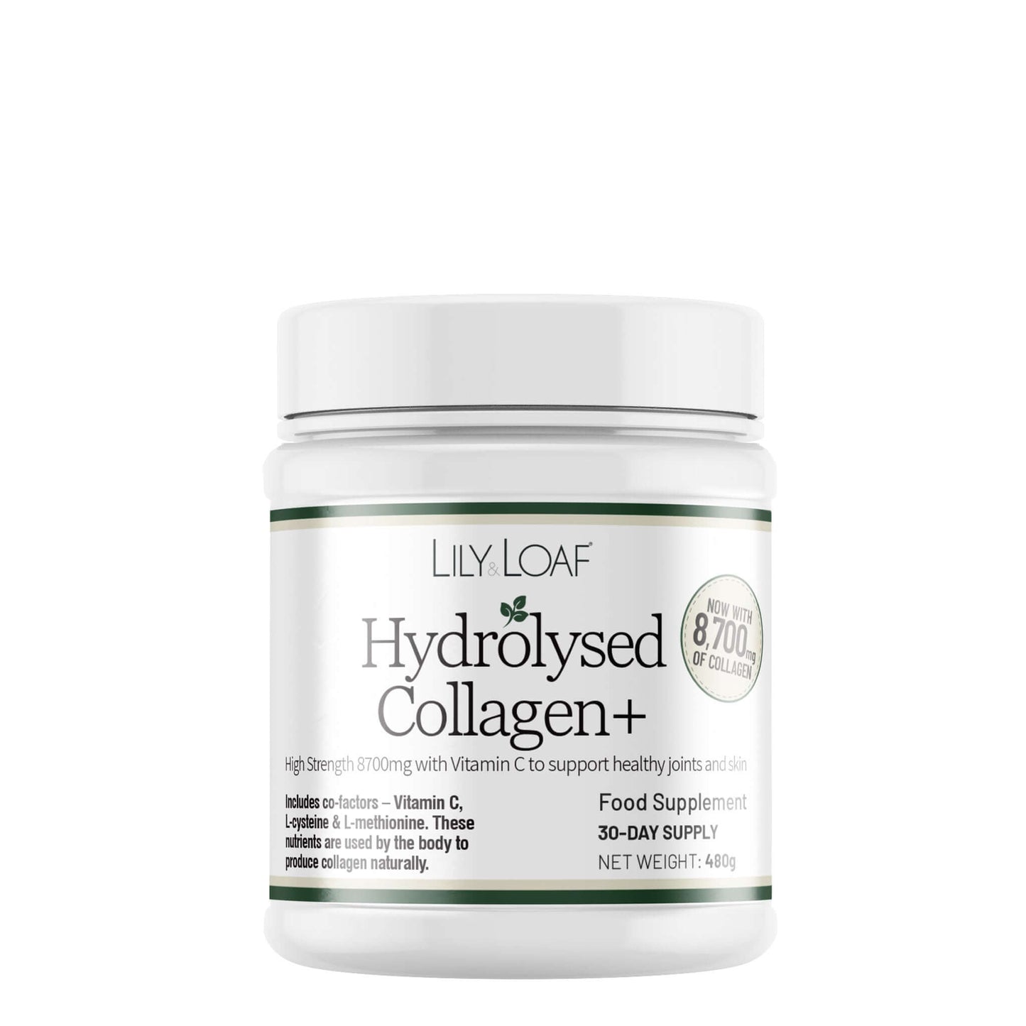 Lily & Loaf Hydrolysed Collagen+ supplement container on a white background