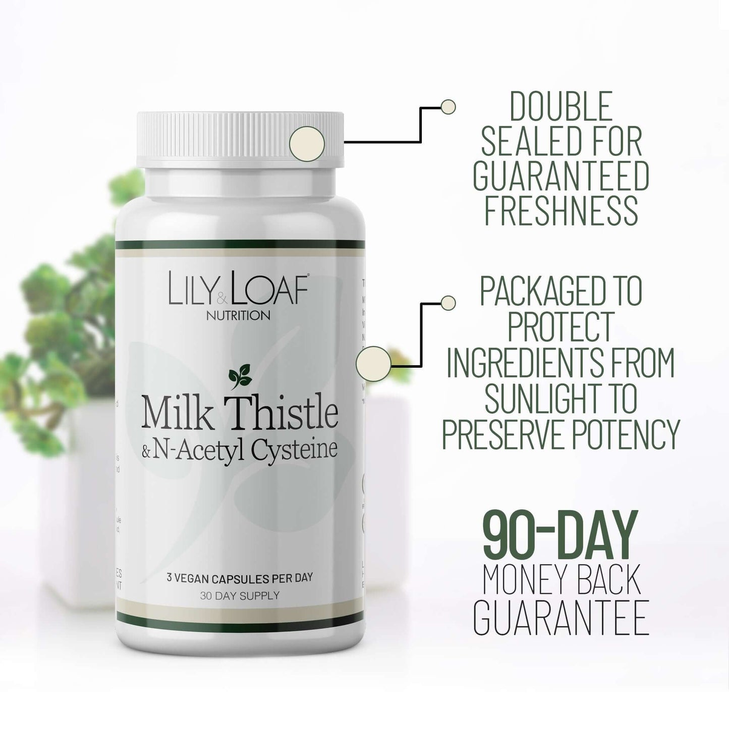 Lily & Loaf Milk Thistle & N-Acetyl Cysteine bottle with freshness seal, UV protection, and 90-day money-back guarantee.