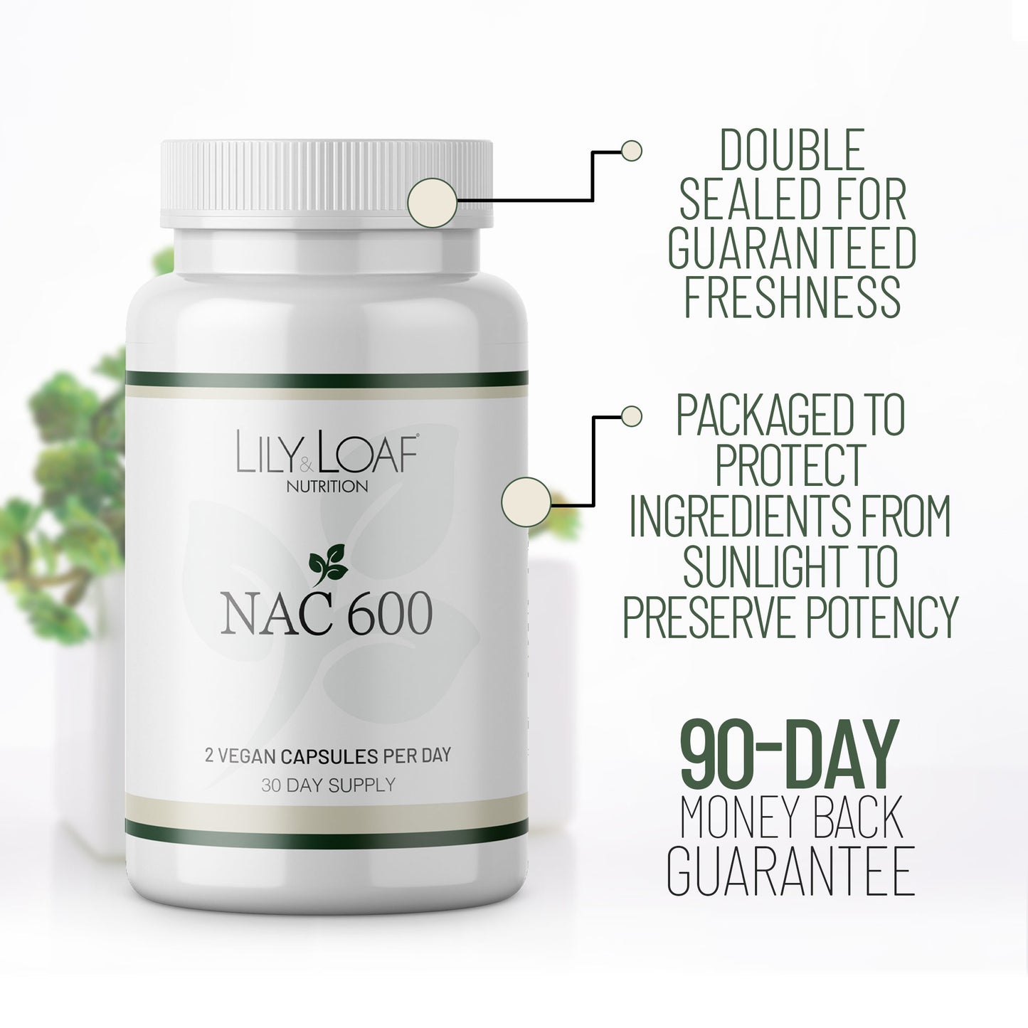 Lily & Loaf NAC 600 supplement bottle with freshness and packaging benefit text on a light background