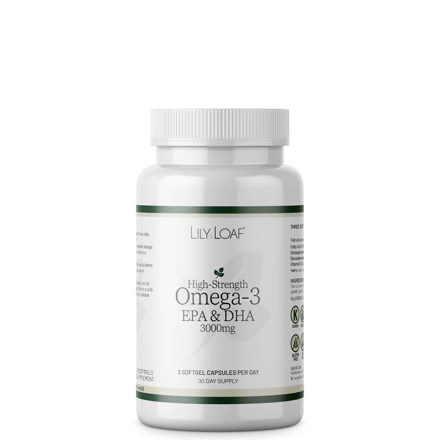 Lily & Loaf High-Strength Omega-3 EPA & DHA 3000mg supplement bottle, fish oil capsules for daily omega-3 intake.