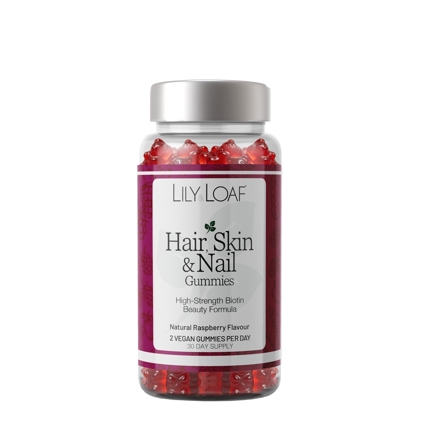 Bottle of Lily & Loaf Hair, Skin & Nail Gummies on a white background