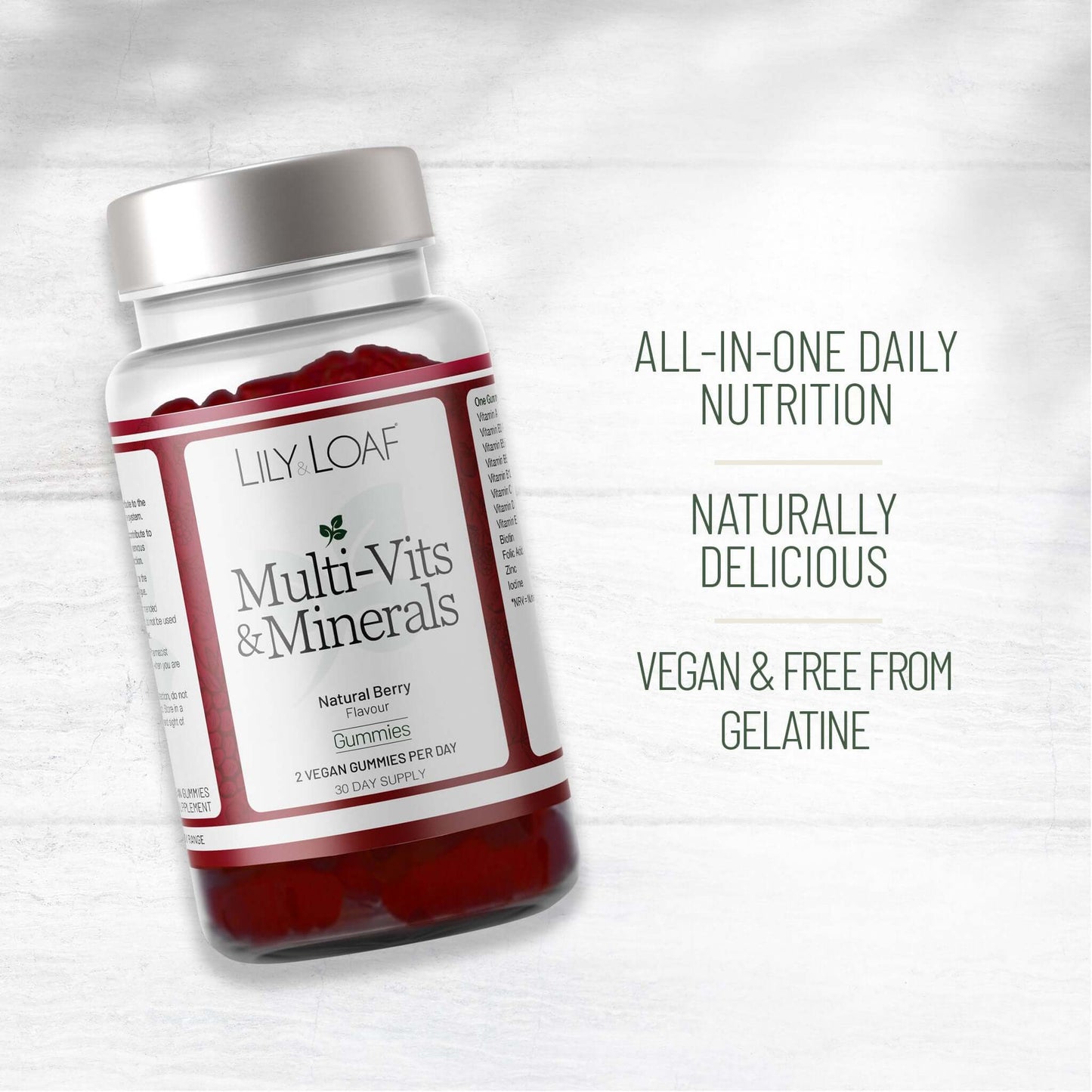 Lily & Loaf Multi-Vits & Minerals gummies bottle with red berry gummies, highlighting daily nutrition, vegan, gelatine-free, and naturally delicious.