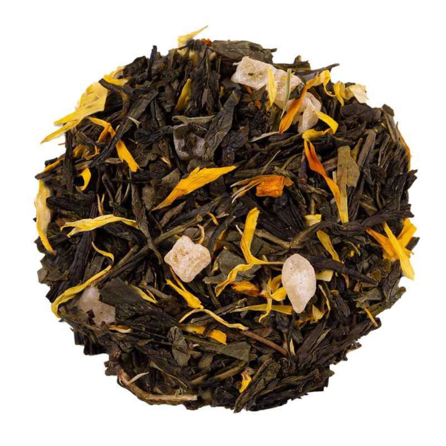 Close-up of loose-leaf Melon Pineapple Flavoured Green Tea, displaying the dried ingredients and natural texture of the blend.