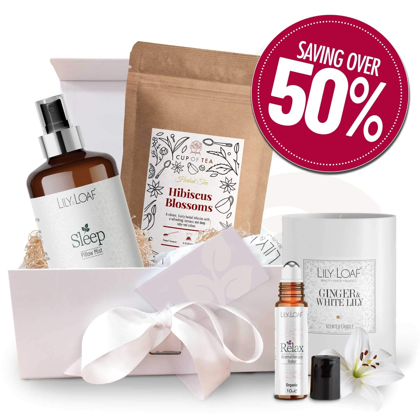 Lily & Loaf Moments gift set with essential oil mist, herbal tea, candle and rollerball in a presentation box with 50% off saving badge