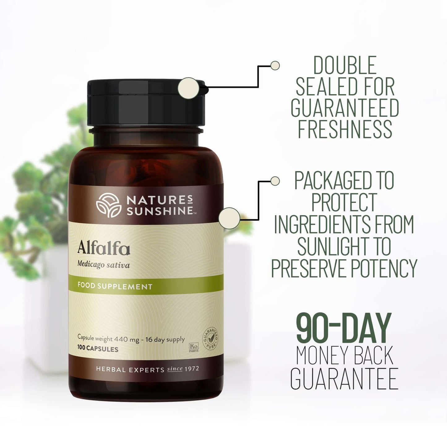 Nature’s Sunshine Alfalfa supplement bottle showing double seal freshness and 90-day money-back guarantee features