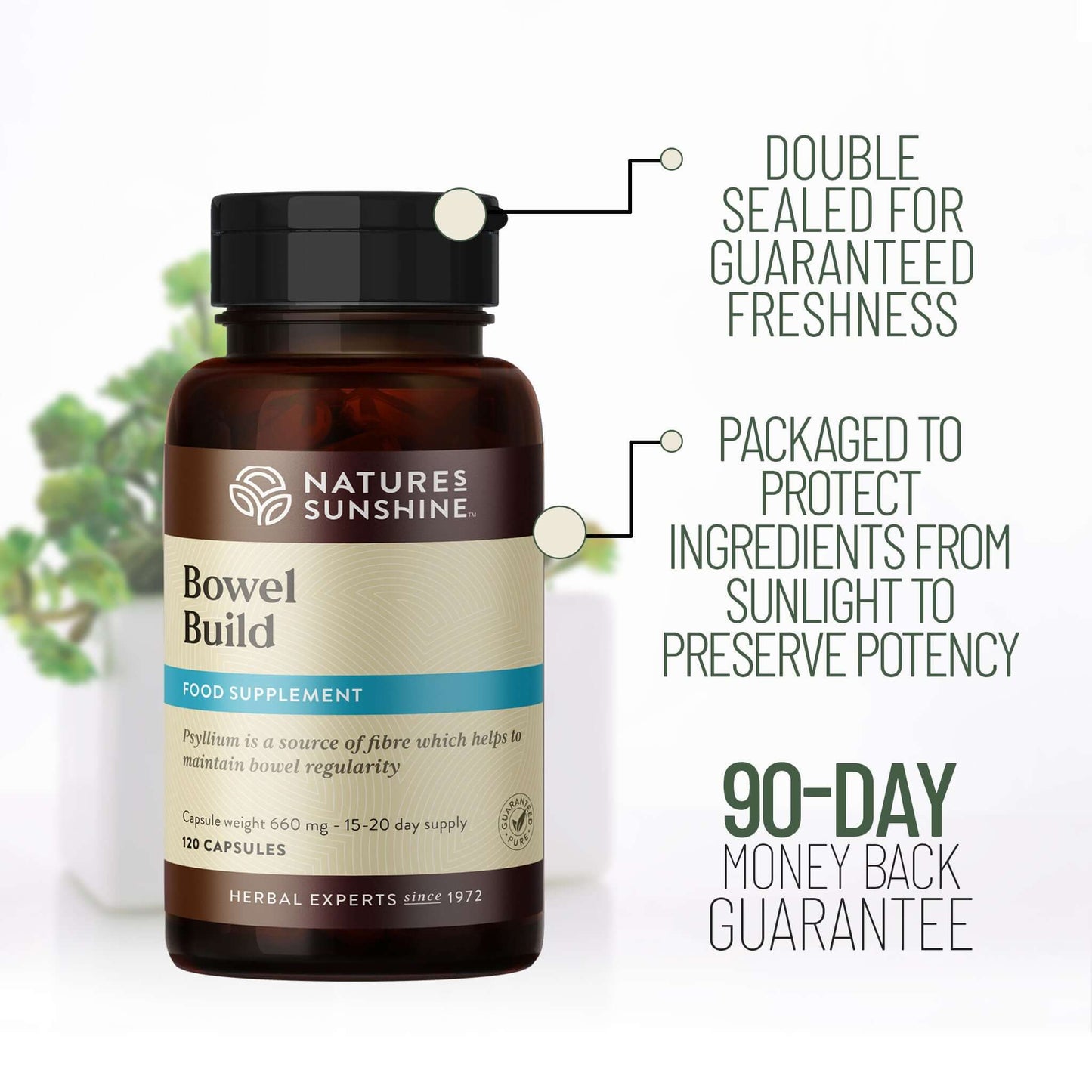 Nature’s Sunshine Bowel Build supplement bottle showing double seal freshness and 90-day money-back guarantee features.