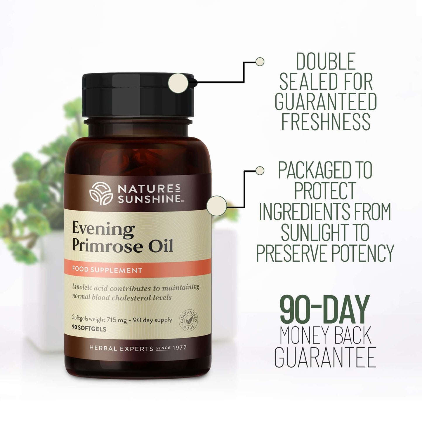 Nature’s Sunshine Evening Primrose Oil supplement bottle showing double seal freshness and 90-day money-back guarantee features