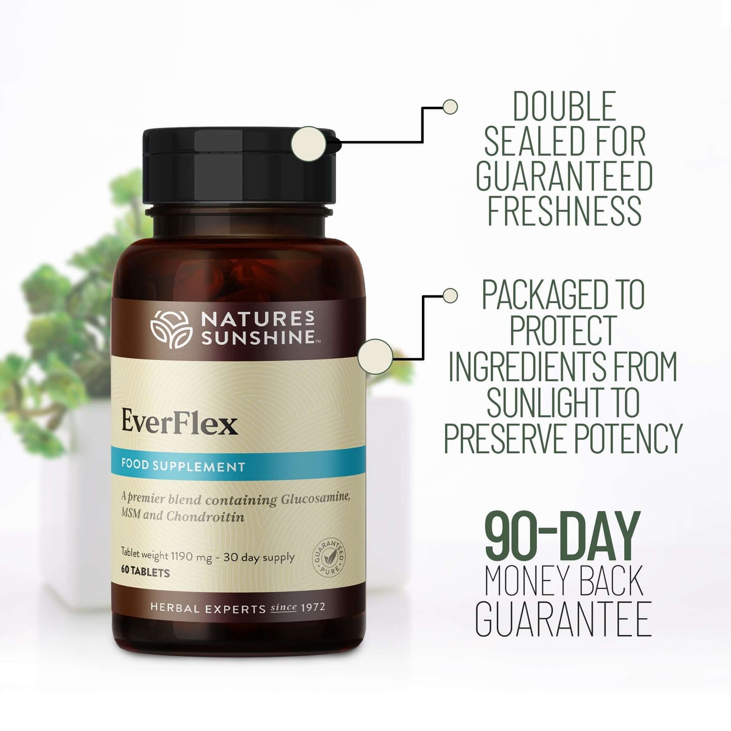 Nature’s Sunshine EverFlex supplement bottle showing double seal freshness and 90-day money-back guarantee features.