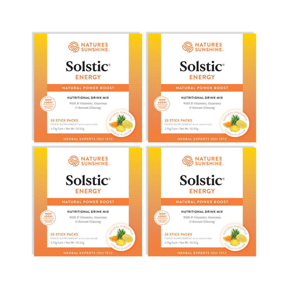 4-pack of Solstic Energy nutritional drink mix by Nature’s Sunshine, featuring natural pineapple and citrus flavour boxes with orange branding.