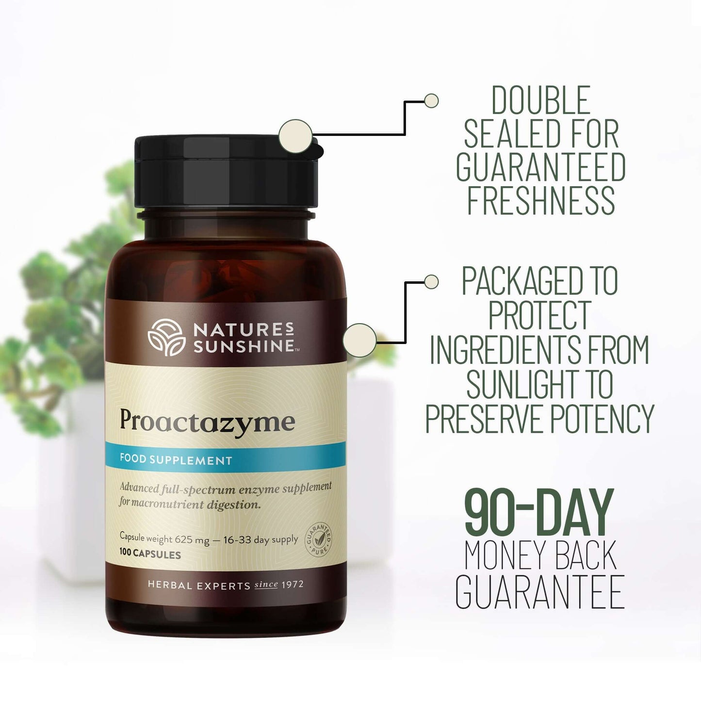 Nature’s Sunshine Proactazyme bottle highlighting double seal for freshness, light protection, and 90-day guarantee