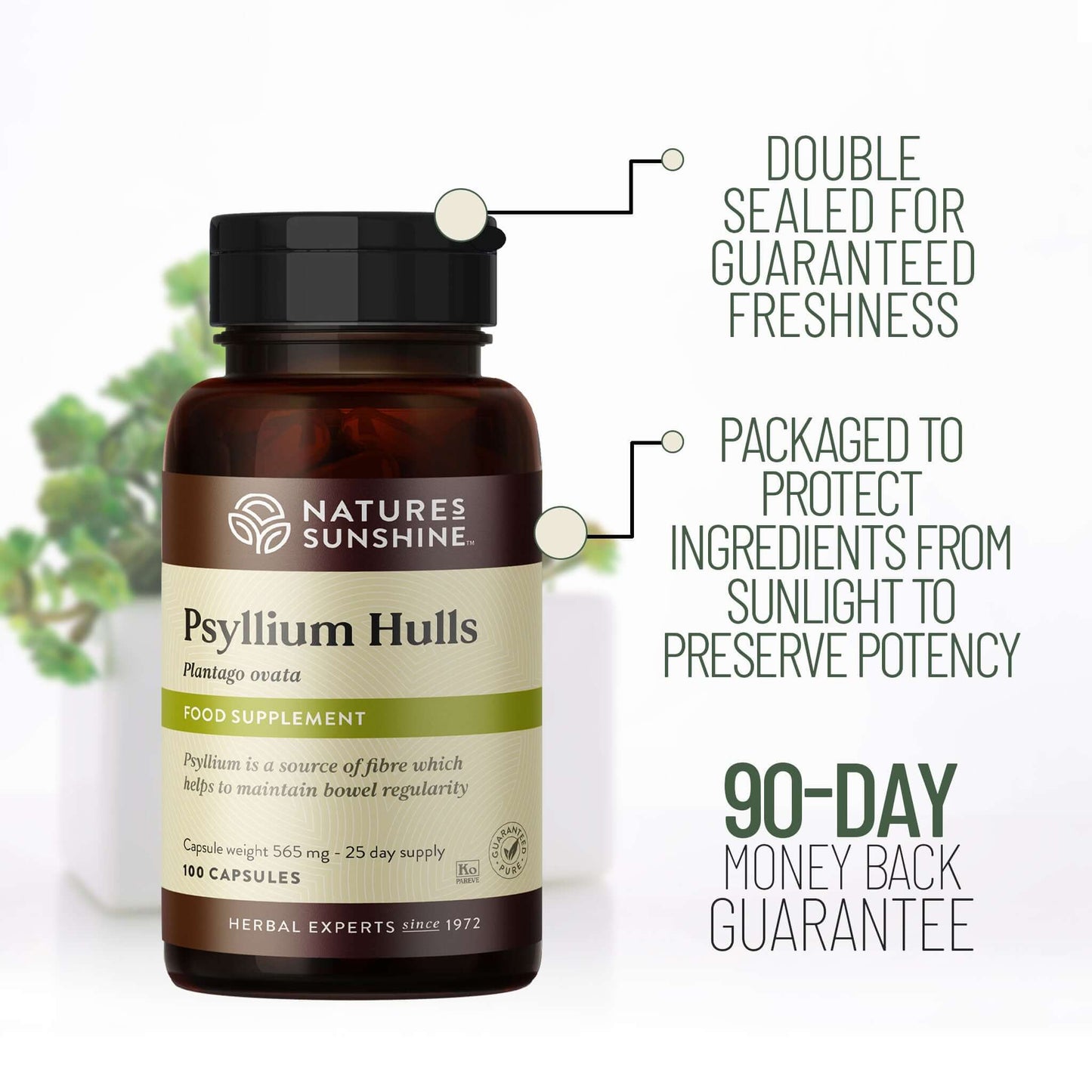 Nature’s Sunshine Psyllium Hulls food supplement bottle highlighting double-sealed freshness, sunlight protection packaging, and 90-day guarantee