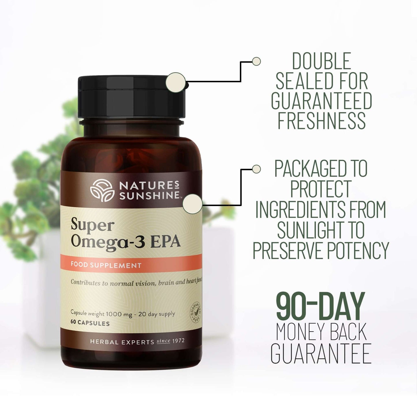 Nature’s Sunshine Super Omega-3 EPA bottle highlighting double seal for freshness, light protection, and 90-day guarantee