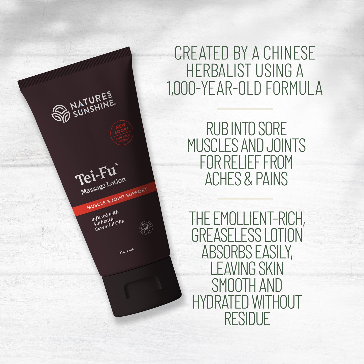 Tube of Tei-Fu Massage Lotion with text highlighting its 1,000-year-old herbalist formula, muscle relief, and non-greasy hydration benefits.