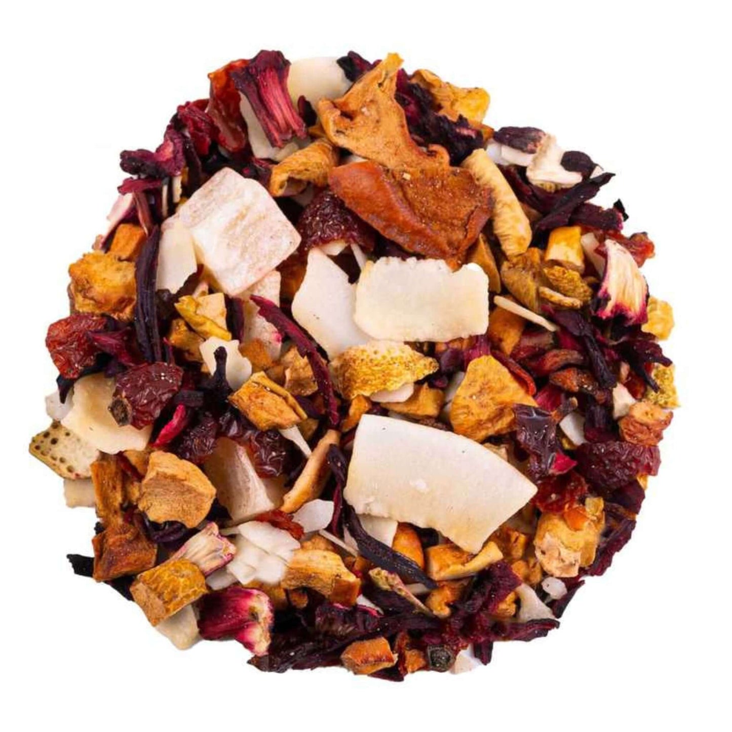 Close-up of loose-leaf Pina Colada Fruit Tea, displaying the dried ingredients and natural texture of the blend.