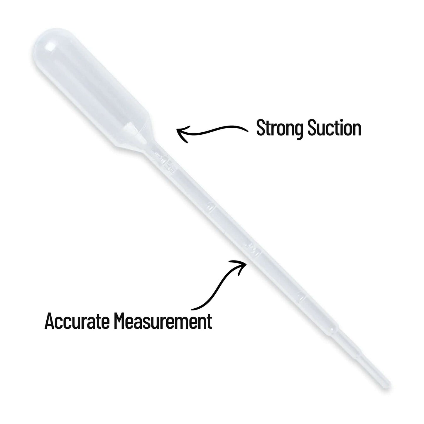 Transparent pipette with labeled features on a white background