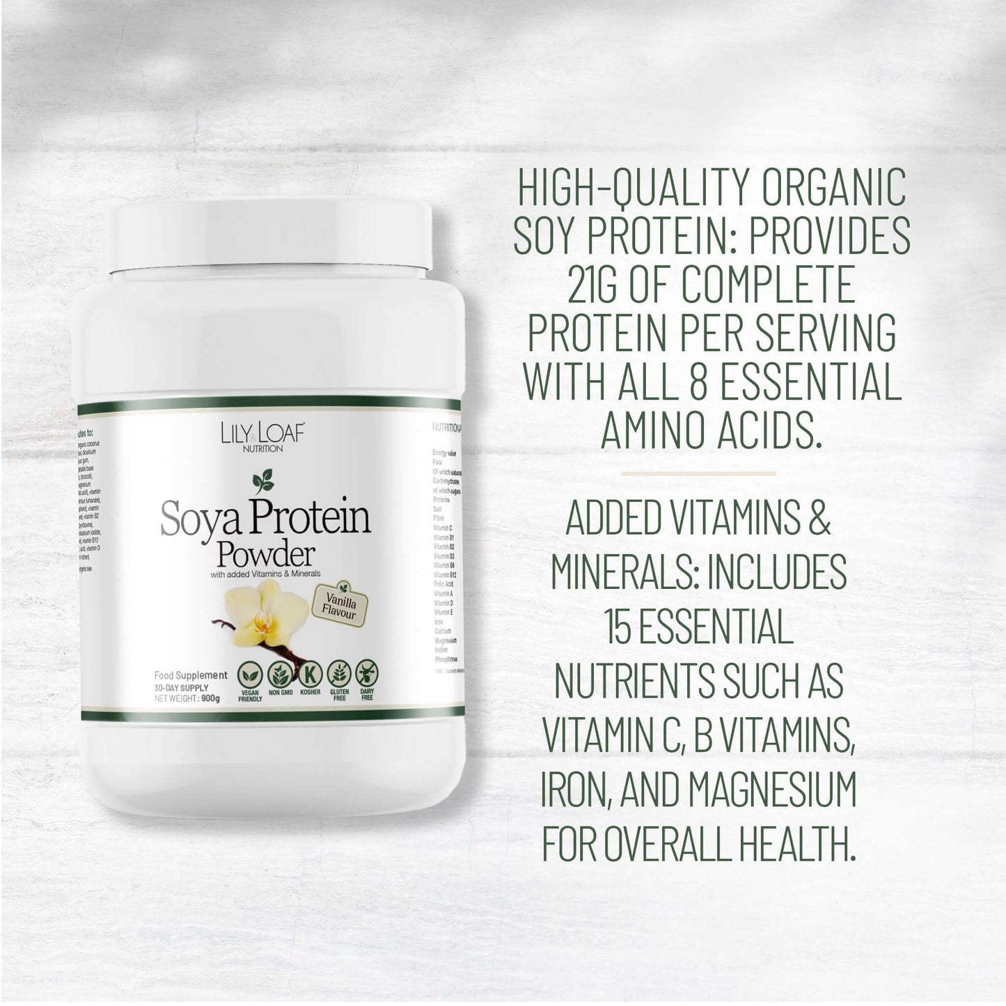 Lily & Loaf Soya Protein Powder container with nutritional information on a light gray background