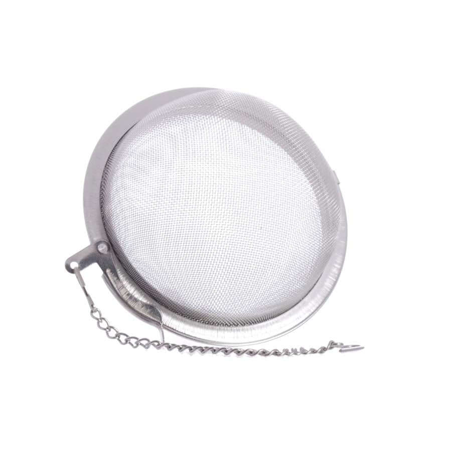Metal tea ball infuser on a white background