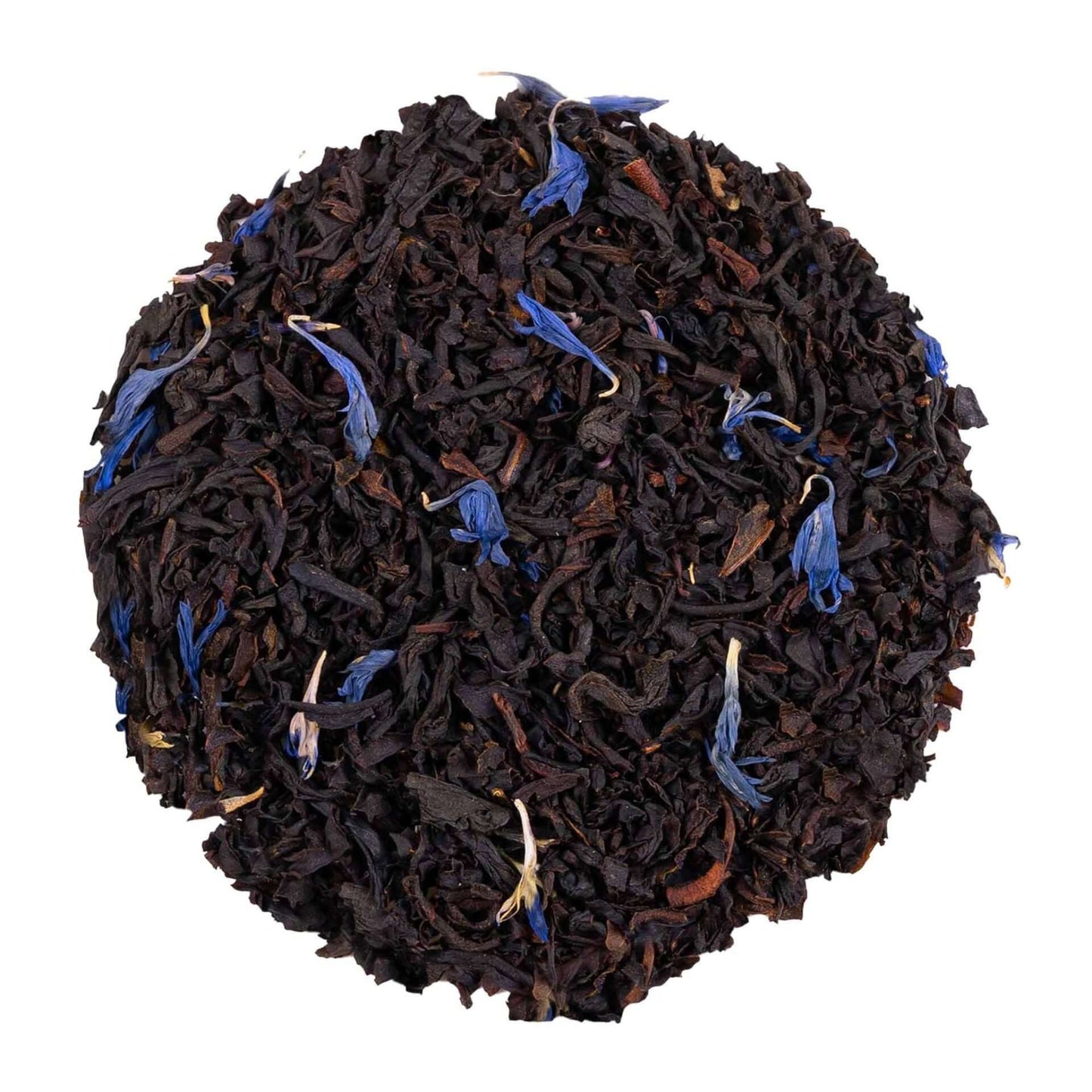 Close-up of Victorian Earl Grey black tea leaves with blue flower accents on a white background