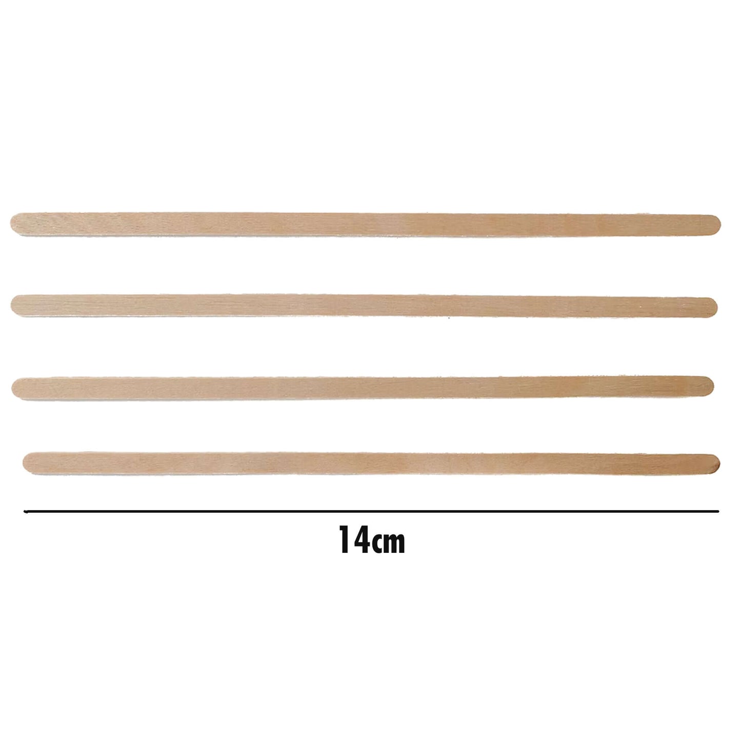 Four wooden spatula sticks of equal length with a measurement label of 14cm on a white background