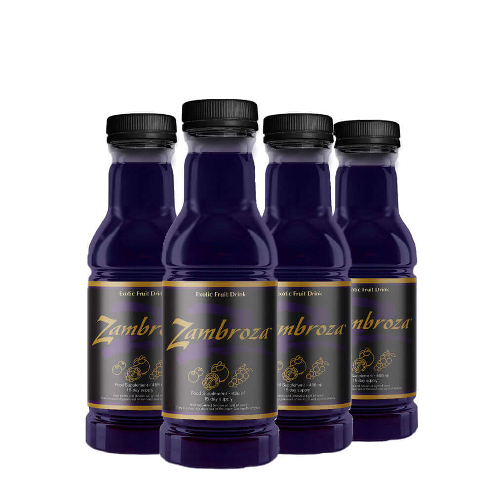 4-pack of Zambroza Exotic Fruit Drink bottles with deep purple liquid and black and gold labels, each bottle offering a 15-day supply.