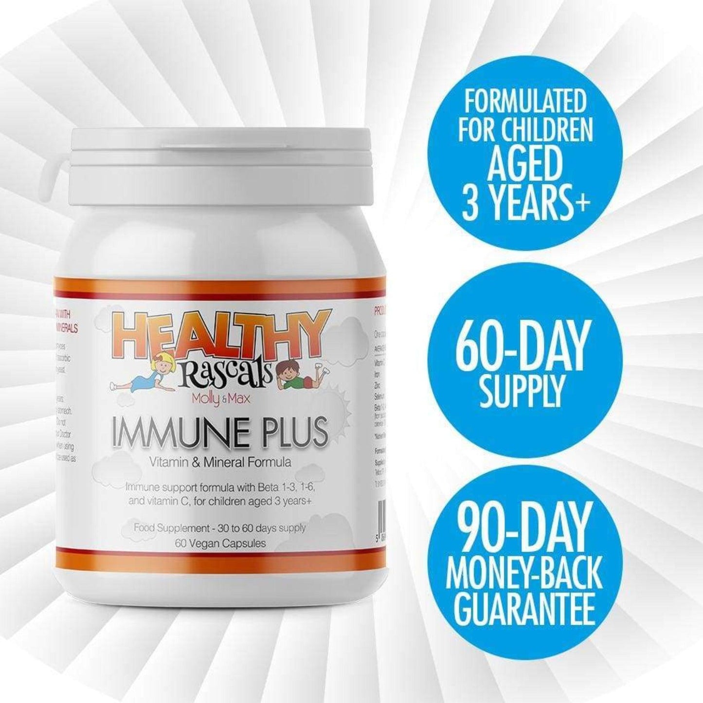 Healthy Rascals Immune Plus for kids, 60-day supply with a money-back guarantee.
